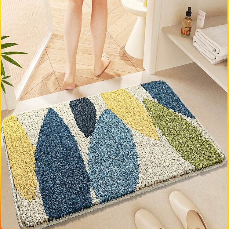 Abstract Green Blue Yellow Leaves Bath Mat