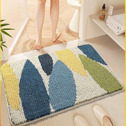 Abstract Green Blue Yellow Leaves Bath Mat