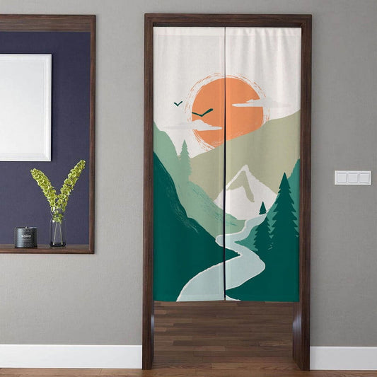 Minimalist Boho Sunset Snow Mountain Winding River & Pine Forest Doorway Curtain Noren Room Divider