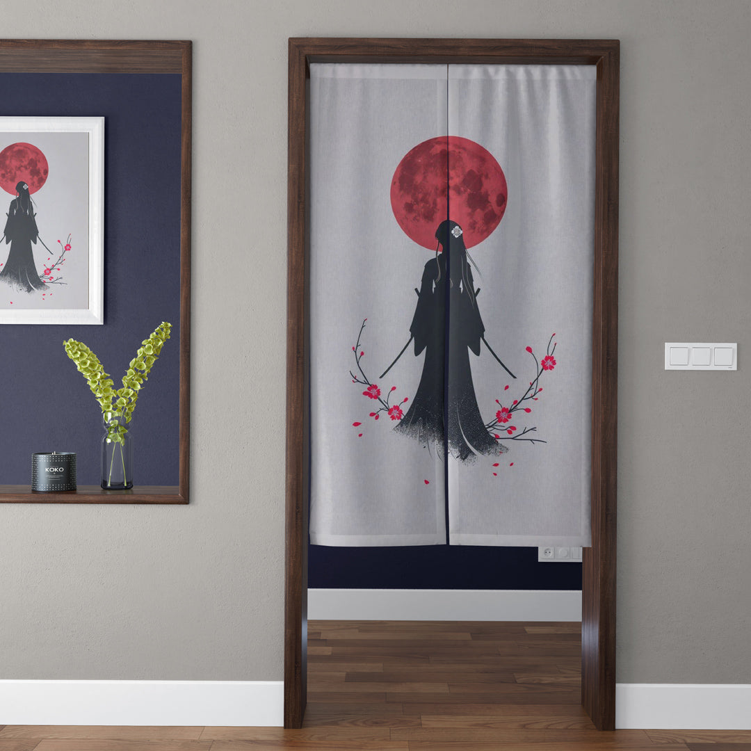 Japanese Traditional Minimalist Dual Katana Female Samurai & Crimson Moon Doorway Curtain Noren Zen Room Divider
