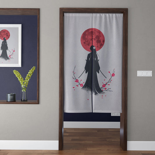 Japanese Traditional Minimalist Dual Katana Female Samurai & Crimson Moon Doorway Curtain Noren Zen Room Divider