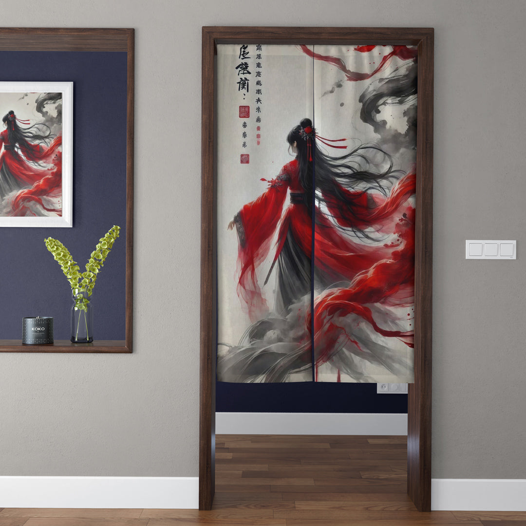 Japanese Traditional Ink Wash Flowing Crimson Hanfu Maiden & Swirling Silk Doorway Curtain Noren Zen Room Divider