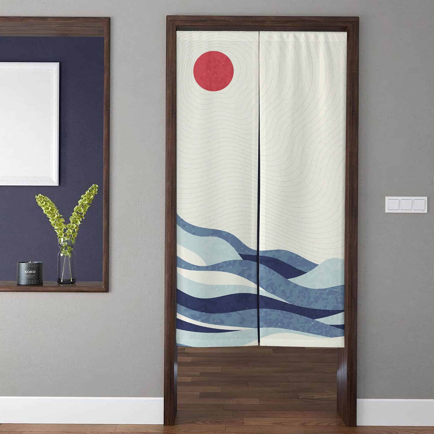 Minimalist Japandi Crimson Red Sun & Blue Ocean Waves Doorway Curtain Noren Zen Room Divider