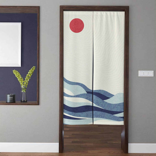 Minimalist Japandi Crimson Red Sun & Blue Ocean Waves Doorway Curtain Noren Zen Room Divider