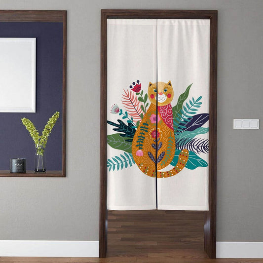 Boho Folk Art Patterned Orange Cat & Botanical Foliage Doorway Curtain Noren Room Divider