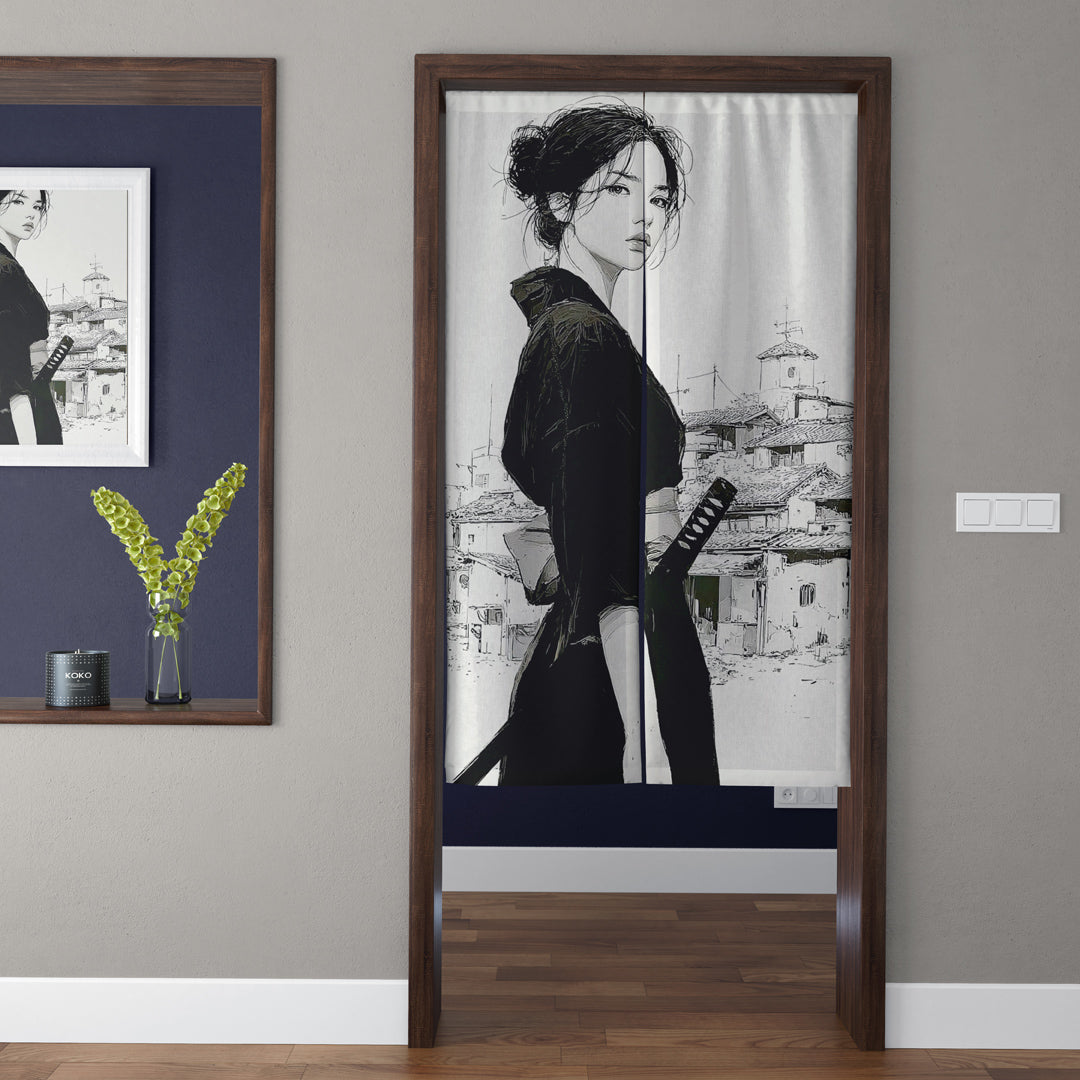 Japanese Traditional Black & White Sketch Female Samurai & Village Doorway Curtain Noren Zen Room Divider