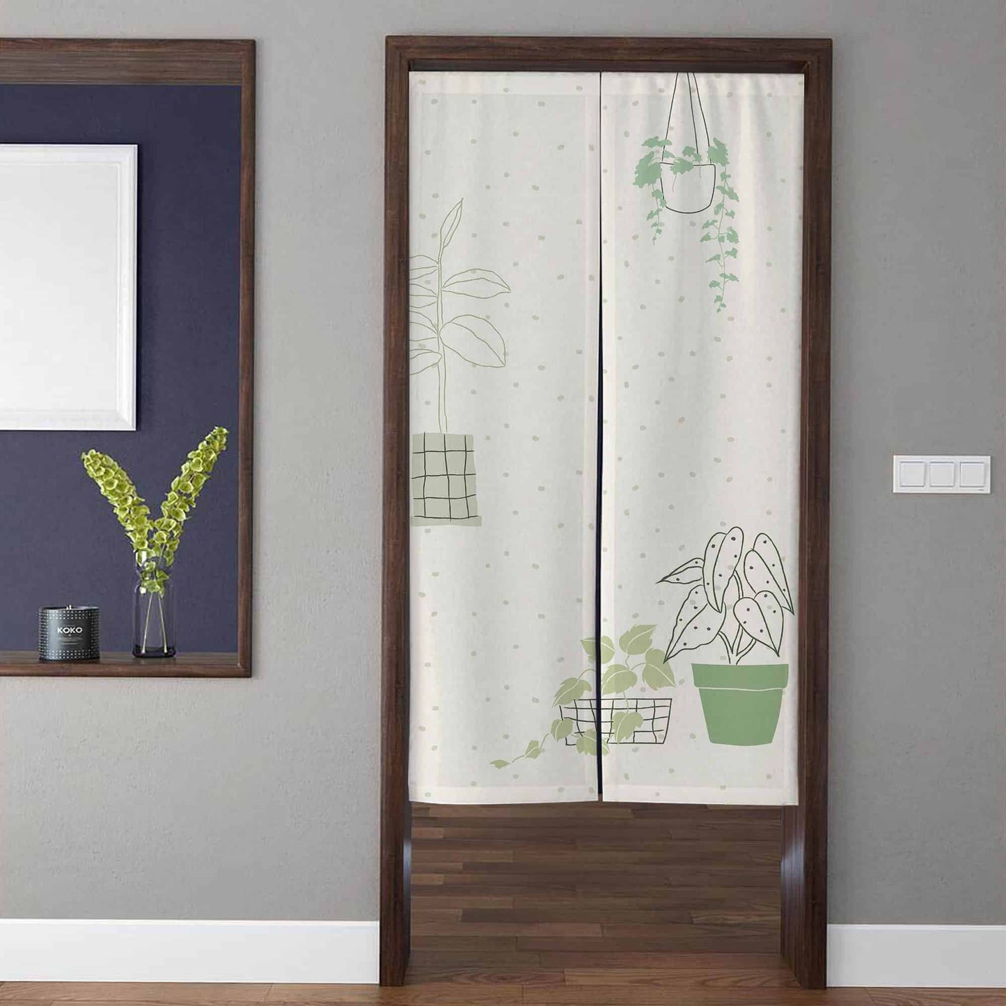 Minimalist Modern Houseplant & Potted Plant Doorway Curtain Noren Sage Green Botanical Room Divider