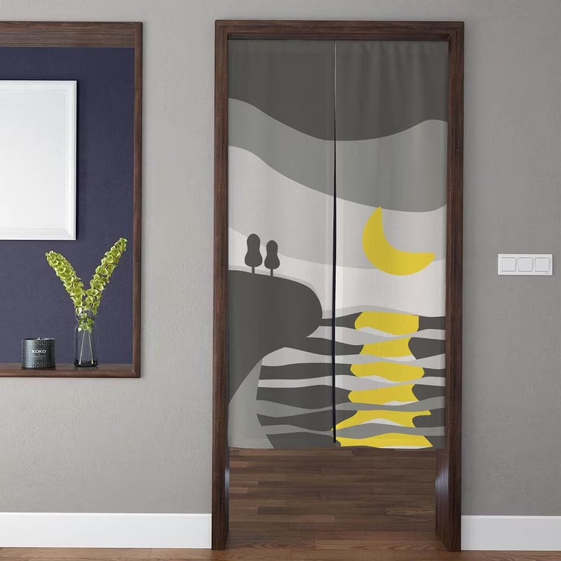 Minimalist Scandinavian Monochromatic Night Landscape Yellow Crescent Moon Doorway Curtain Noren Room Divider