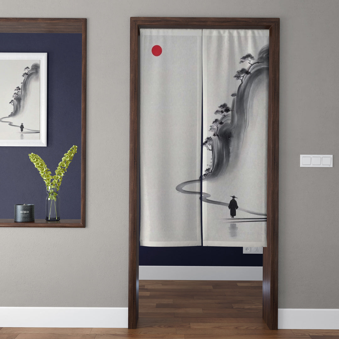 Japanese Traditional Minimalist Ink Wash Solitary Wanderer & Crimson Sun Doorway Curtain Noren Zen Room Divider