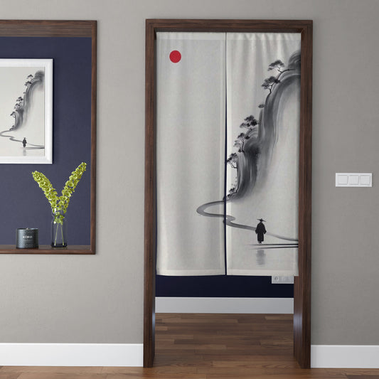 Japanese Traditional Minimalist Ink Wash Solitary Wanderer & Crimson Sun Doorway Curtain Noren Zen Room Divider