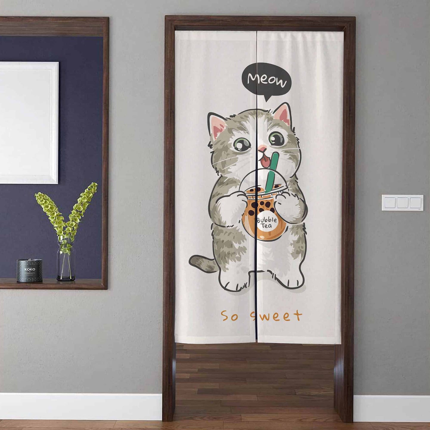 Cute Kawaii Cat Drinking Bubble Tea Doorway Curtain Noren Kitchen Room Divider