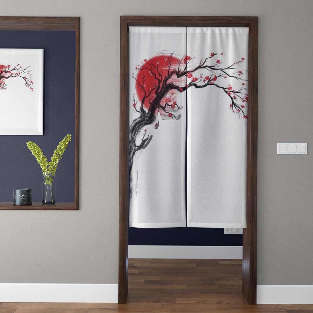 Japanese Traditional Minimalist Red Plum Blossom Tree & Crimson Sun Doorway Curtain Noren Zen Room Divider