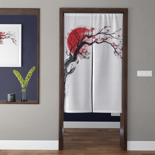 Japanese Traditional Minimalist Red Plum Blossom Tree & Crimson Sun Doorway Curtain Noren Zen Room Divider
