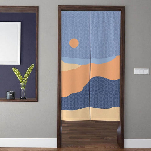 Modern Japanese Seigaiha Waves & Abstract Landscape with Warm Sun Doorway Curtain Noren Room Divider
