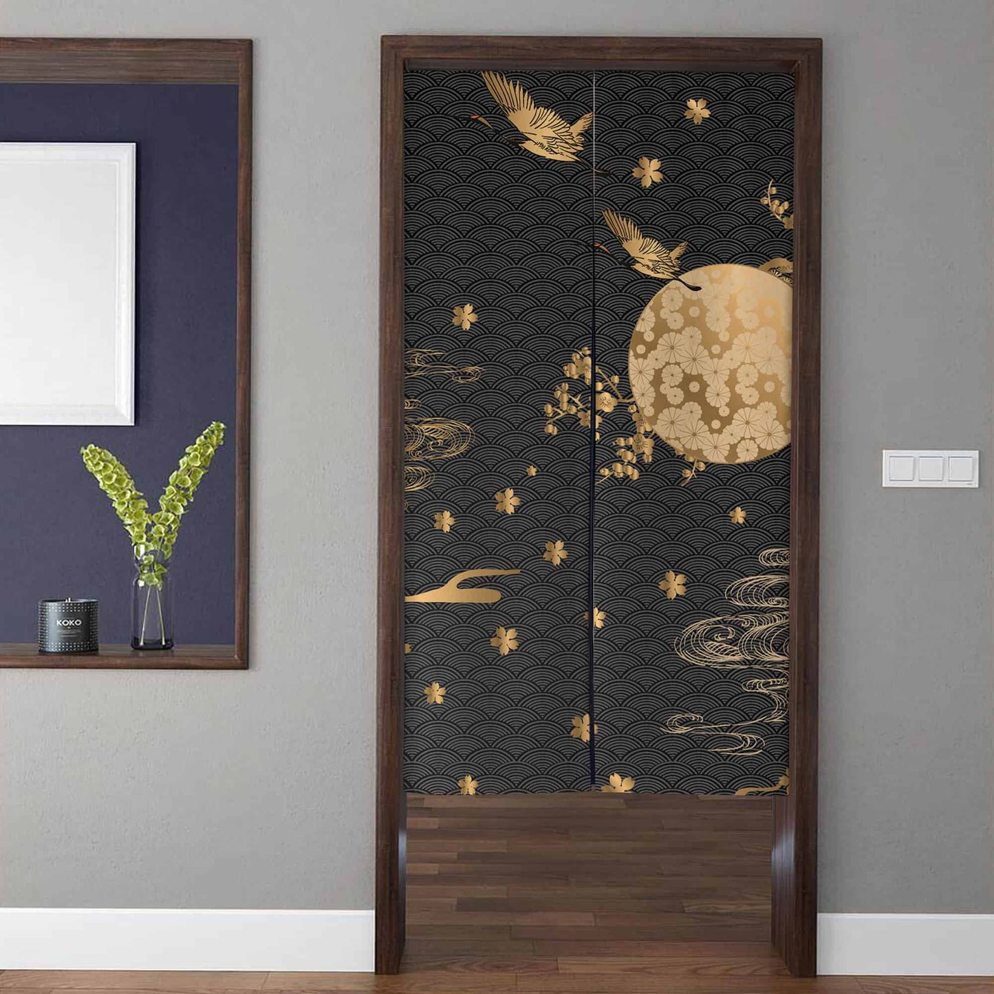 Japanese Luxury Black & Gold Flying Cranes & Floral Moon Doorway Curtain Noren Zen Room Divider
