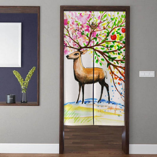 Whimsical Watercolor Deer with Blooming Tree Antlers & Flowers Doorway Curtain Noren Room Divider