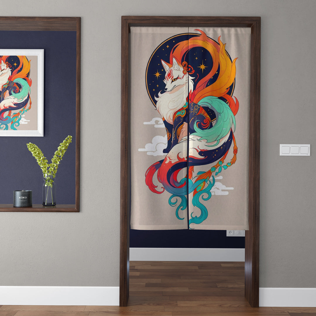 Japanese Traditional Vintage Celestial Nine-Tailed Kitsune Fox Spirit Doorway Curtain Noren Zen Room Divider