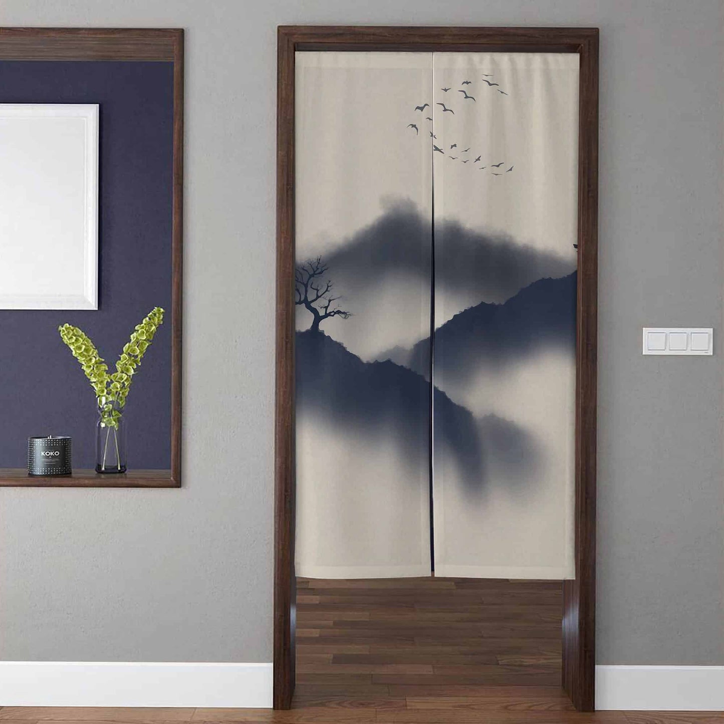 Japanese Minimalist Ink Wash Misty Mountain & Pine Tree Doorway Curtain Noren Zen Room Divider