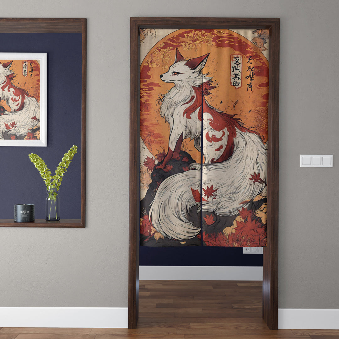 Japanese Traditional Vintage Kitsune Fox Spirit & Crimson Autumn Maple Doorway Curtain Noren Zen Room Divider