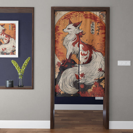 Japanese Traditional Vintage Kitsune Fox Spirit & Crimson Autumn Maple Doorway Curtain Noren Zen Room Divider
