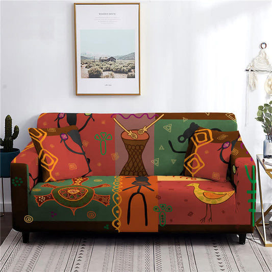 African Tribal Art Elastic Stretch Sofa Cover – Bohemian Ethnic Pattern Fitted Couch Slipcover