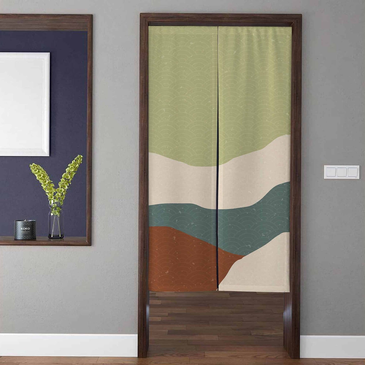 Minimalist Japandi Abstract Mountain & Seigaiha Wave Doorway Curtain Noren Sage Green Room Divider