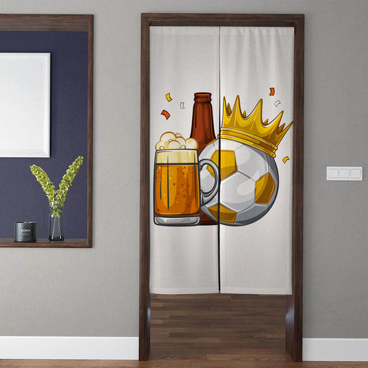 Sports Bar Crowned Soccer Ball & Frothy Beer Mug Doorway Curtain Noren Room Divider