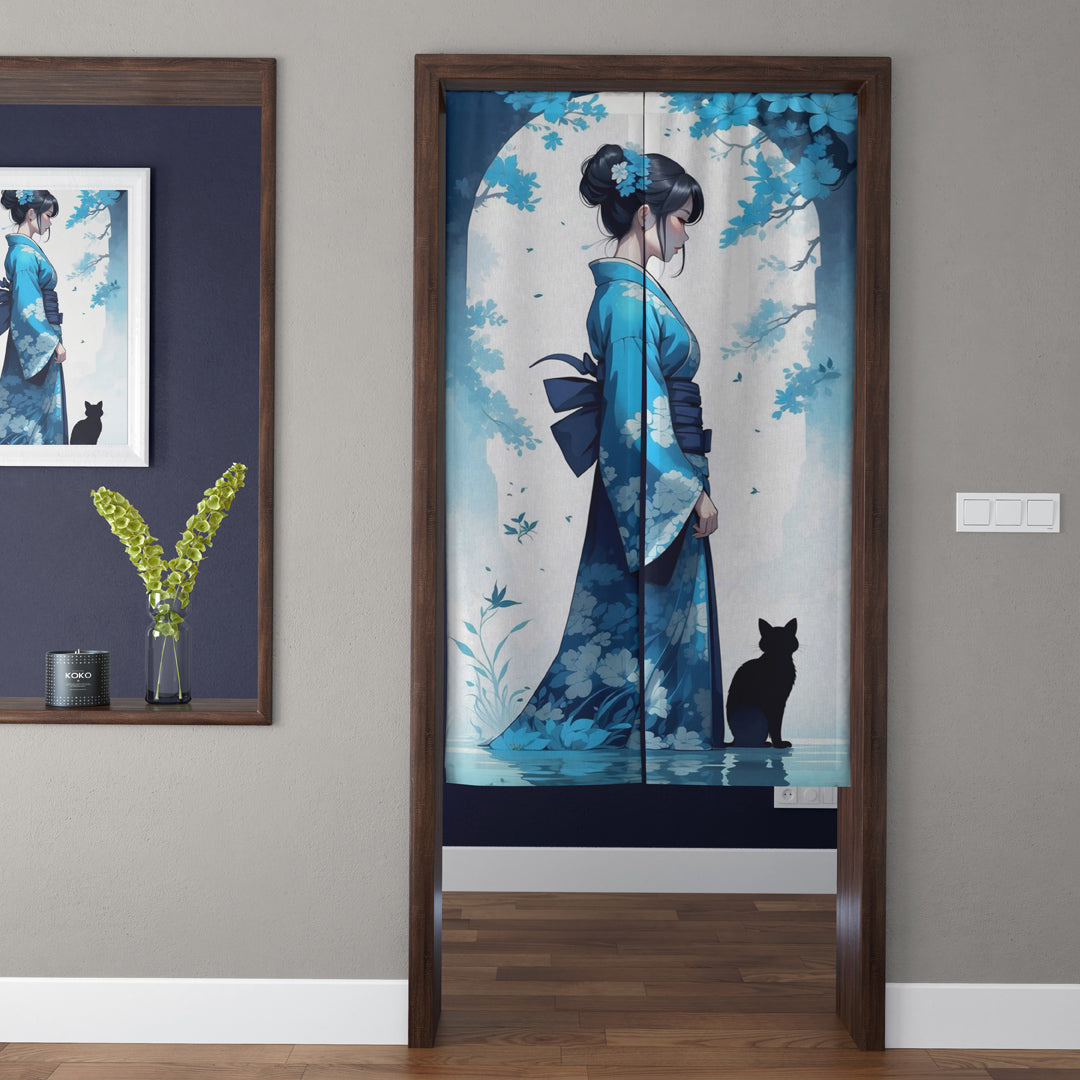 Japanese Traditional Blue Kimono Maiden & Black Cat Doorway Curtain Noren Zen Room Divider