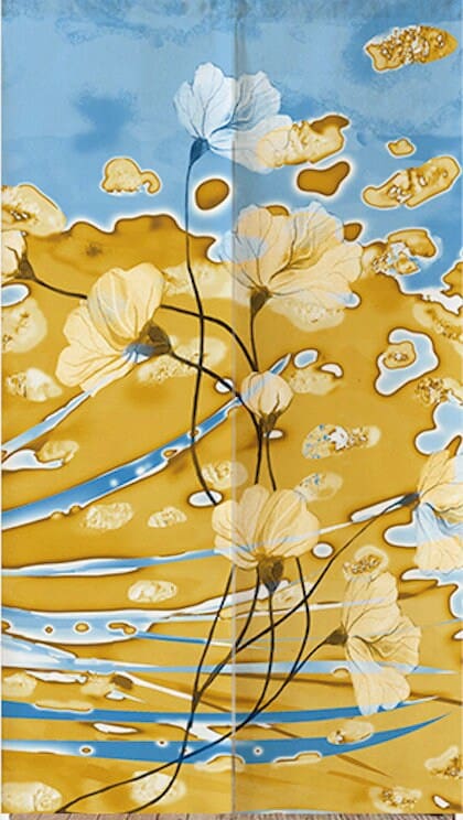 Japanese Blue Gold Watercolor Floral Doorway Noren Curtain image 1