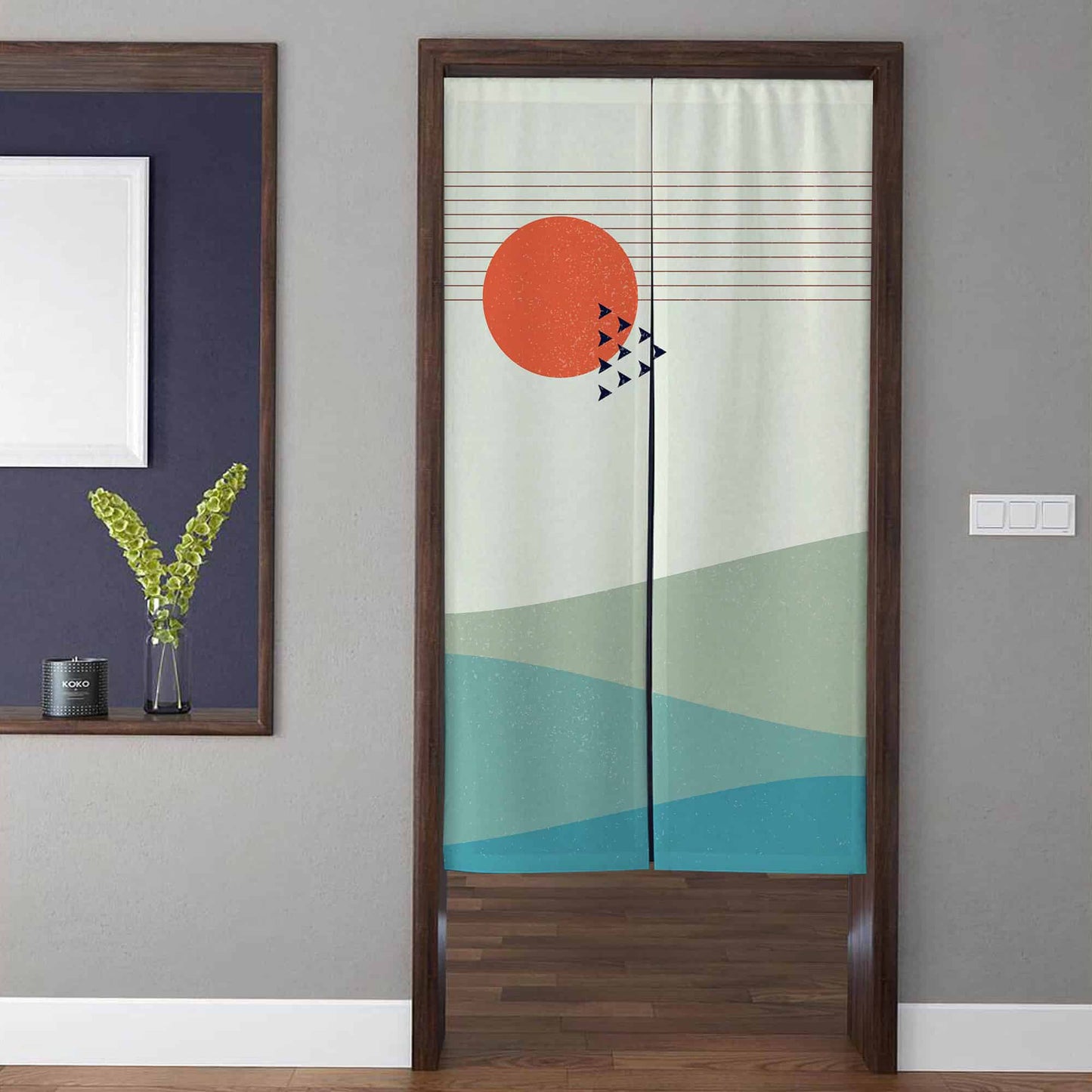 Minimalist Japandi Crimson Sun & Flying Birds Doorway Curtain Noren Sage Green Room Divider