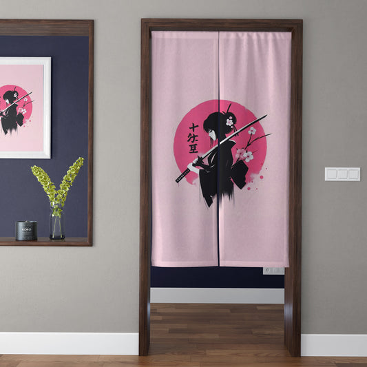 Japanese Traditional Minimalist Pink Katana Female Samurai & Sakura Sun Doorway Curtain Noren Zen Room Divider