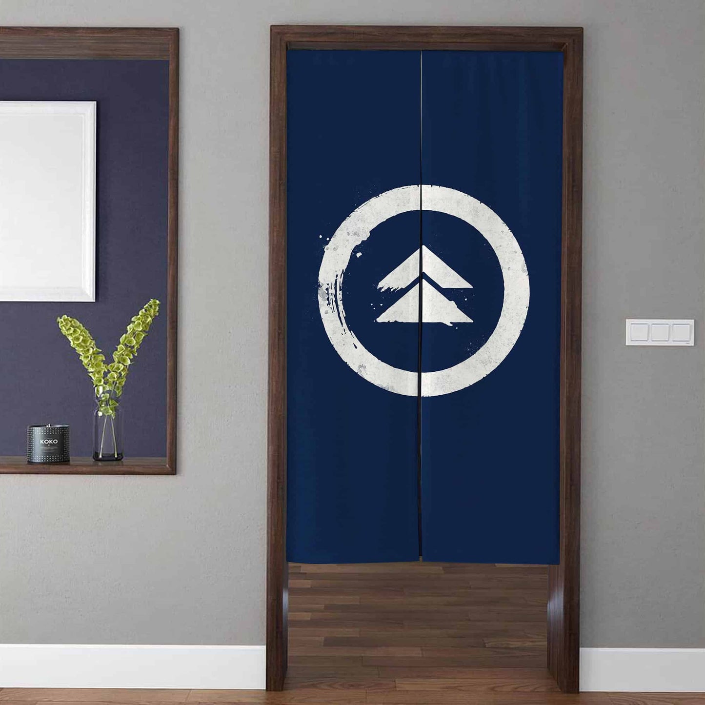 Japanese Minimalist Indigo Blue Samurai Clan Crest Doorway Curtain Noren Kamon Room Divider