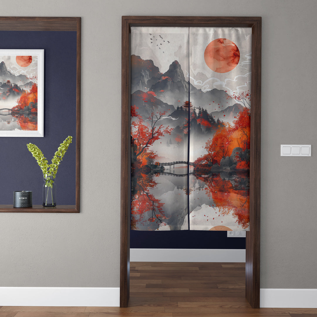 Japanese Sumi-e Ink Autumn Red Maple Mountain Doorway Curtain Noren Landscape Room Divider