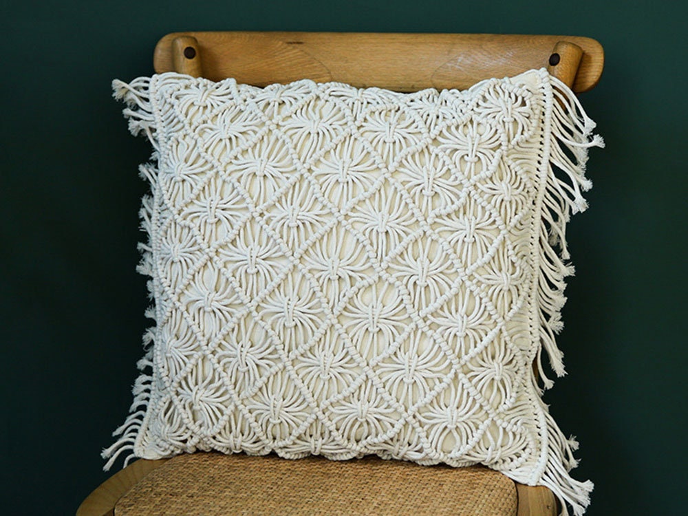 Boho Macramé Woven Throw Pillow Cover – Handcrafted Fringe Cushion Case (18" x 18" / 45 x 45 cm)