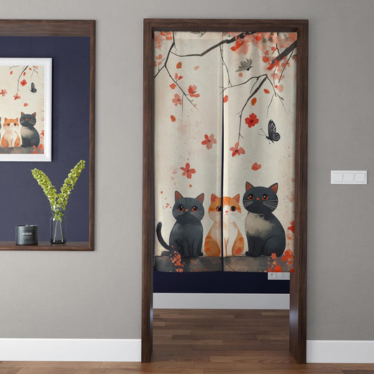 Japanese Watercolor Autumn Maple Branches & Cute Cats with Butterfly Doorway Curtain Noren Room Divider