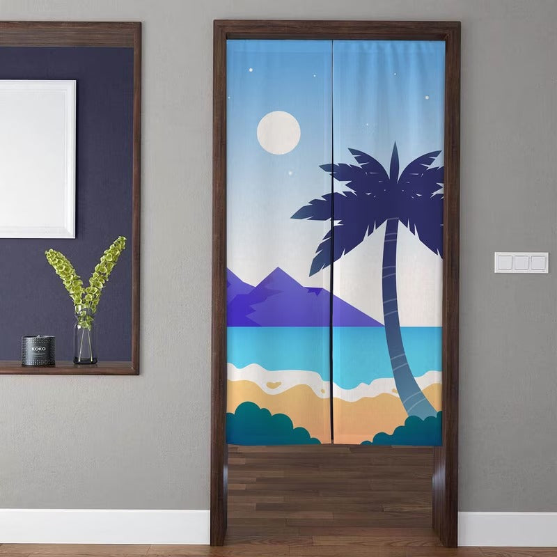 Minimalist Tropical Palm Tree & Ocean Waves Full Moon Doorway Curtain Noren Room Divid