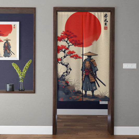 Japanese Traditional Samurai Warrior & Crimson Sun Doorway Curtain Noren Bushido Room Divider