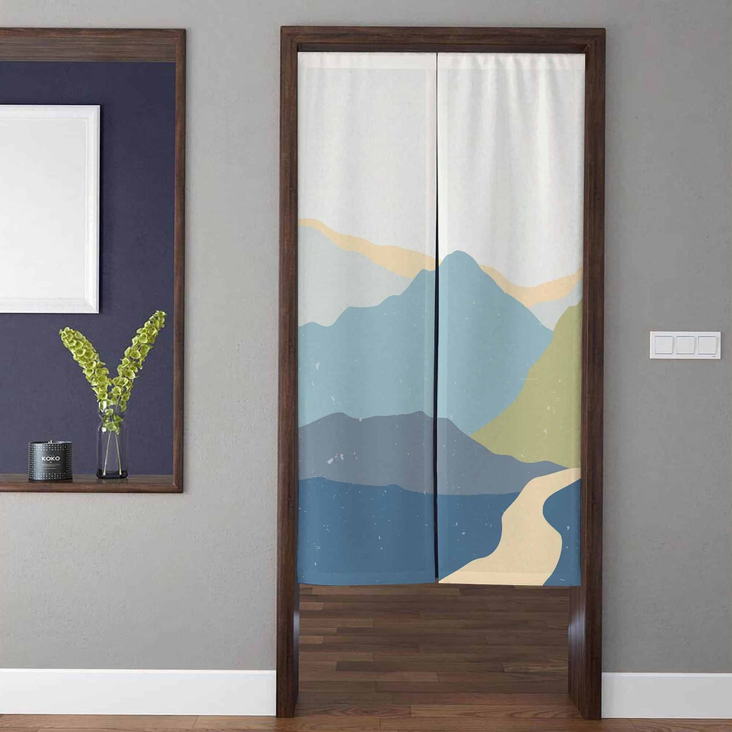 Minimalist Japandi Blue Mountain & Winding Path Doorway Curtain Noren Abstract Room Divider