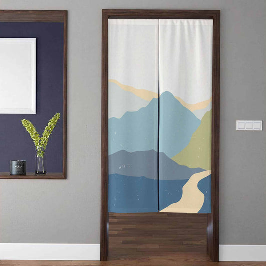 Minimalist Japandi Blue Mountain & Winding Path Doorway Curtain Noren Abstract Room Divider