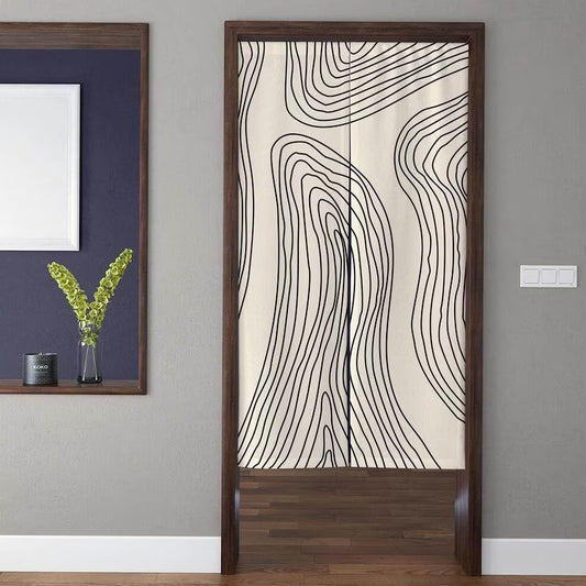 Minimalist Abstract Flowing Line Art Contour & Wood Grain Pattern Doorway Curtain Noren Room Divider