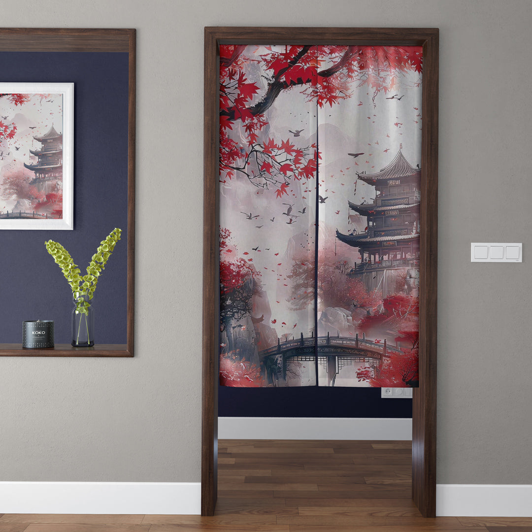Japanese Traditional Ink Wash Autumn Crimson Maple & Pagoda Temple Doorway Curtain Noren Zen Room Divider