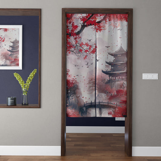 Japanese Traditional Ink Wash Autumn Crimson Maple & Pagoda Temple Doorway Curtain Noren Zen Room Divider