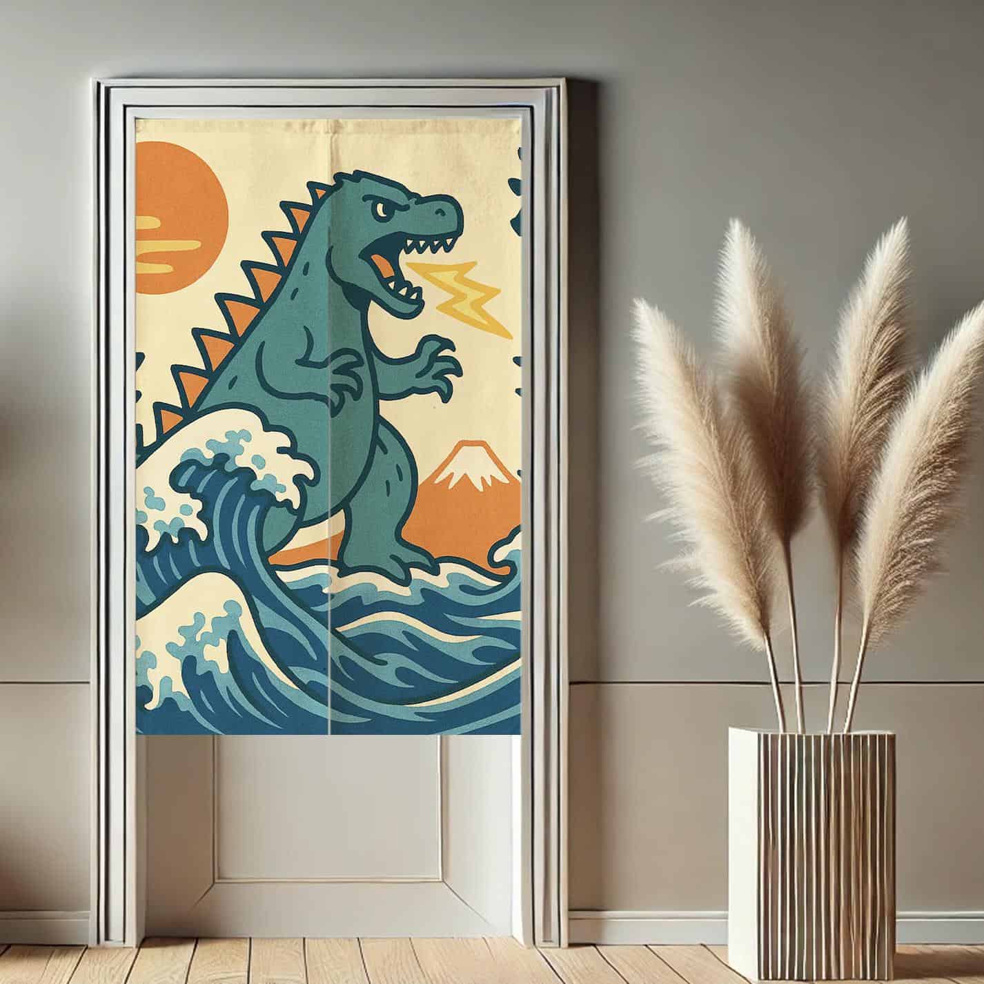 Japanese Retro Kaiju Monster & Great Wave Doorway Curtain Noren Mt Fuji Room Divider