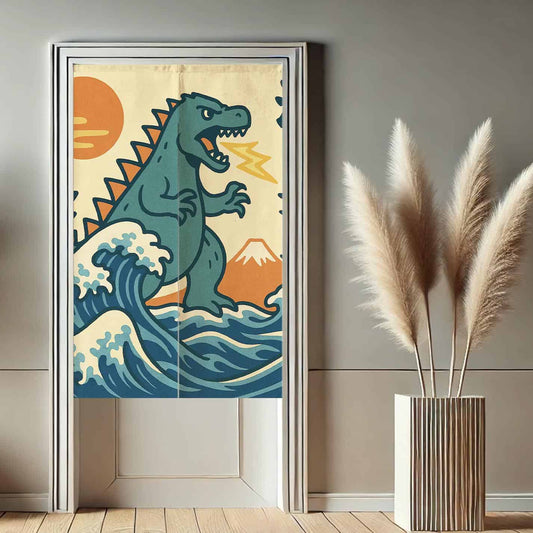 Japanese Retro Kaiju Monster & Great Wave Doorway Curtain Noren Mt Fuji Room Divider