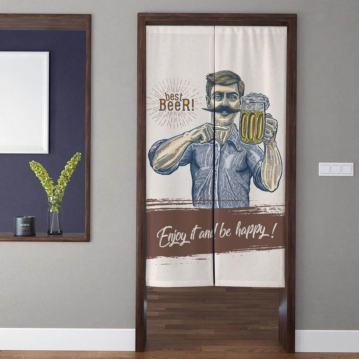 Vintage Retro Pub Moustached Gentleman Holding Beer Mug & Slogan Doorway Curtain Noren Room Divider