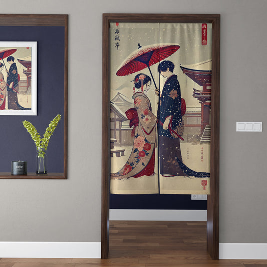 Japanese Traditional Vintage Winter Snow Kimono Couple & Wagasa Umbrella Doorway Curtain Noren Zen Room Divider