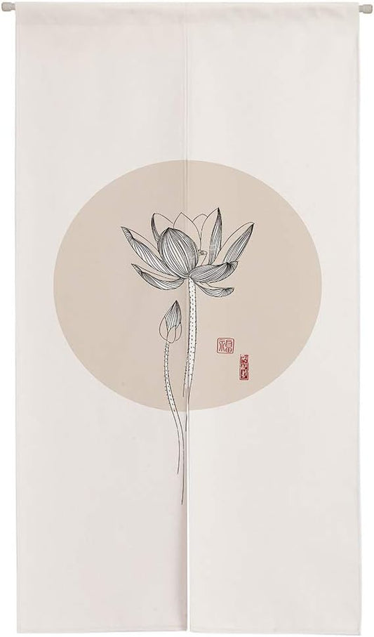 Ofat Home Chinese Traditional Doorway Curtain Tapestry Wall Hanging Kitchen Partition, Lotus Sketch Beige, 33.5"x 59", Custom