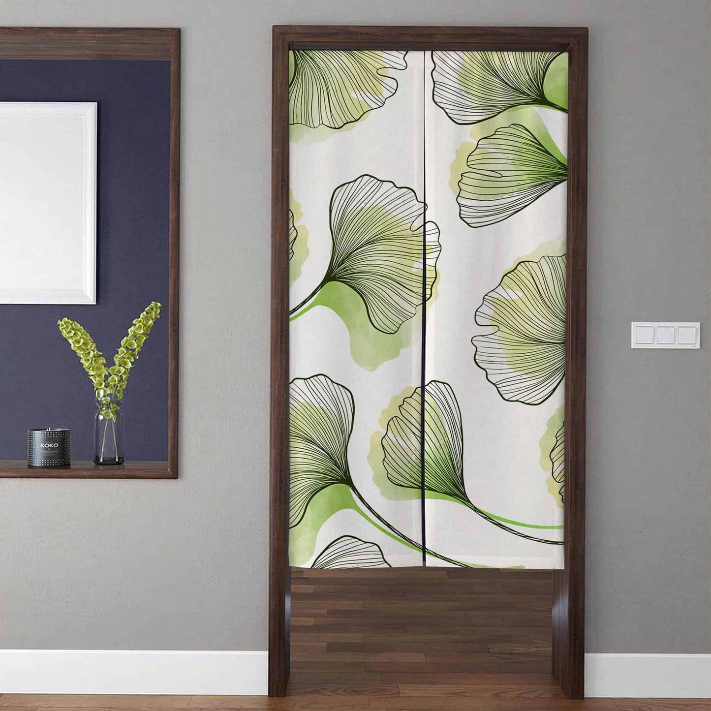 Japanese Hand-Drawn Green Ginkgo Biloba Leaf Doorway Curtain Noren Zen Botanical Room Divider