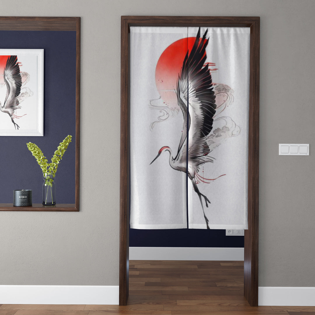 Japanese Traditional Ink Wash Flying Red-Crowned Crane & Crimson Sun Doorway Curtain Noren Zen Room Divider