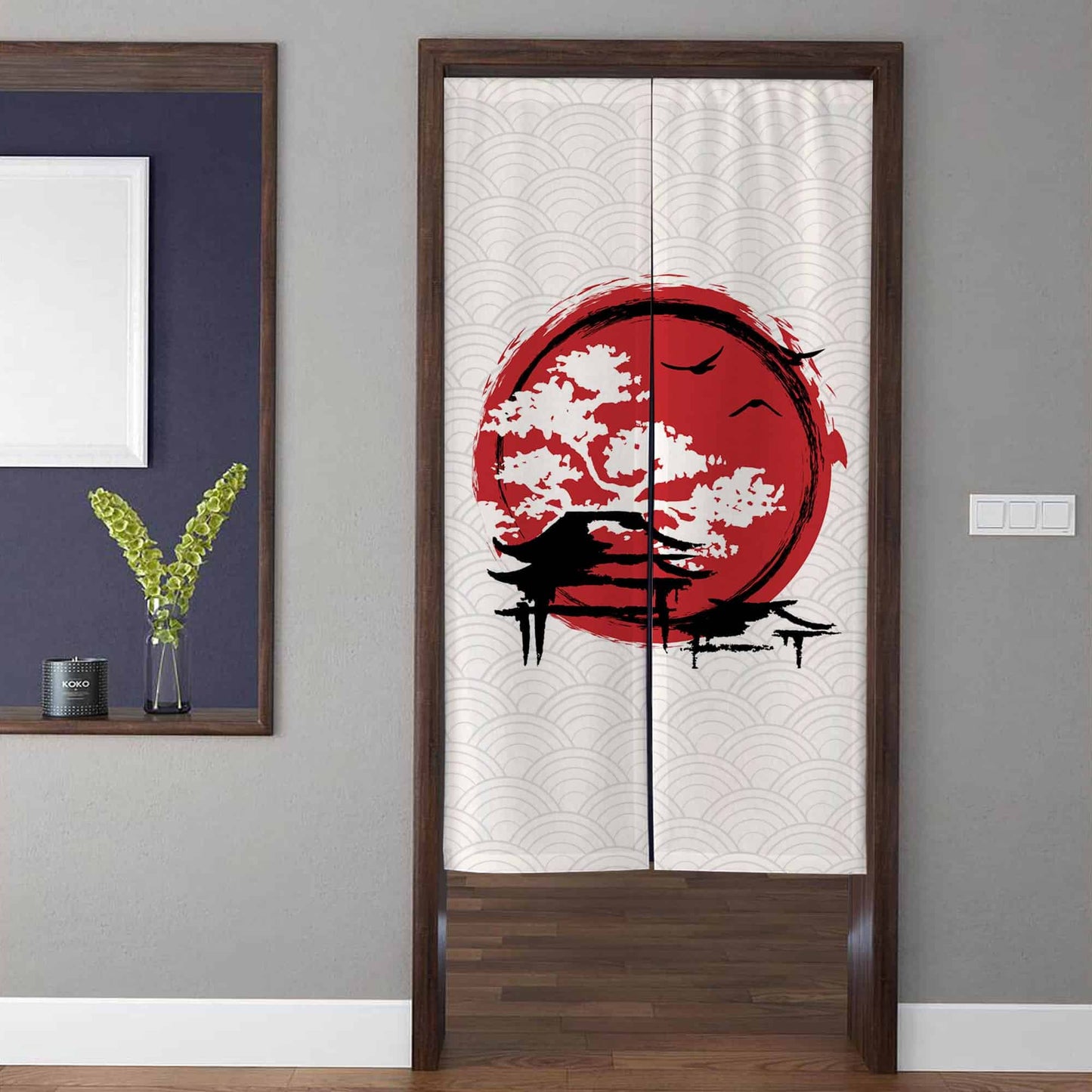 Japanese Traditional Crimson Sun & Pagoda Temple Doorway Curtain Noren Zen Room Divider